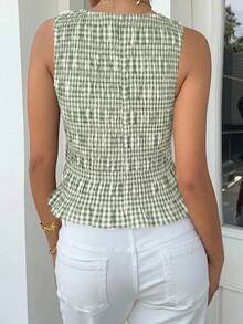 Siren Gaze Áo tank top nữ kẻ caro dáng suông, xếp ly, có bèo nhún, thích hợp mặc mùa hè. Áo tank top kẻ caro dáng suông cổ tròn, thân áo nhún bèo, áo kẻ sọc, áo kẻ caro, áo mùa hè thoải mái, áo cổ vuông, áo mùa hè cho nữ, trang phục đi biển cho nữ, áo đi chơi, trang phục đi nghỉ mát cho nữ, trang phục thường ngày cho nữ. - Màu xanh Bạc hà - Xem 2