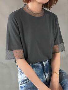 FRIFUL Women's Casual Loose Sheer Mesh See-Through Solid Color T-Shirt, Versatile For Spring And Summer - Grey - View 5