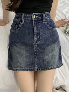 FRIFUL Chân váy denim nữ kiểu dáng thường ngày, đa năng, có túi xéo và lớp lót, thích hợp cho mùa hè. - Màu xanh lam - Xem 10