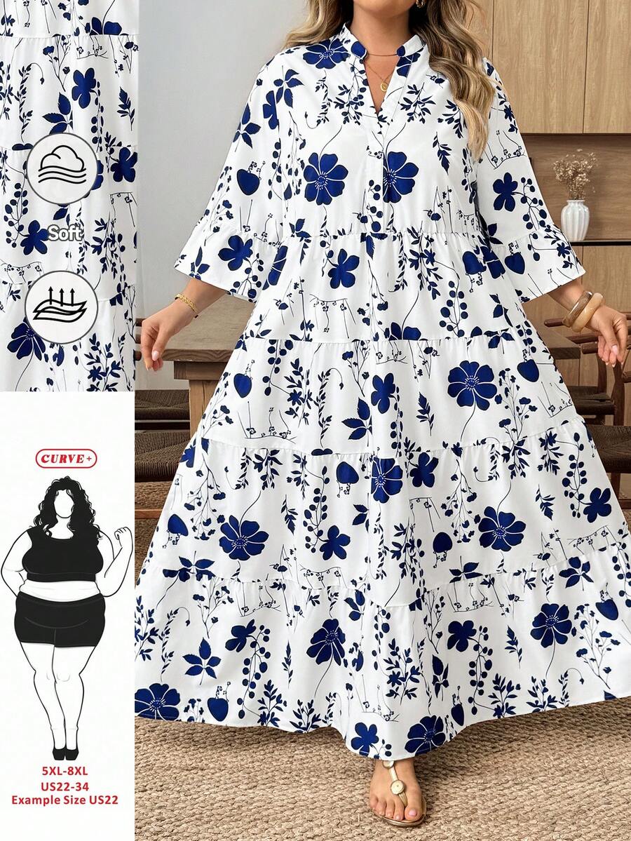 SHEIN CURVE+ Đầm đi biển tay loe xếp tầng in hoa cỡ lớn dành cho nữ, trang phục đi nghỉ mát, đầm hè cho nữ, đầm maxi xanh trắng, đầm maxi hoa xanh, đầm maxi xếp tầng, quần áo mùa thu cho nữ, trang phục học sinh, trang phục đồng quê cho nữ, trang phục giáo viên cho nữ, trang phục đồng quê cho nữ, quần áo mùa thu cho nữ, trang phục mùa thu cho nữ, đầm cho nữ, trang phục thường ngày. - Nhiều màu - Xem 1