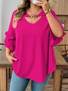 SHEIN CURVE+ Plus Size Women Solid Color Metal Decor Casual Versatile Daily Wear Blouse - Hot Pink - View 3