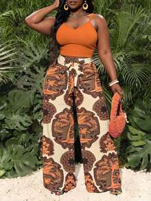 Slaydiva Conjunto de 2 piezas de top de tirantes de unicolor y pantalones anchos de pierna ancha con estampado de palmera, adecuado para el verano, talla grande - Multicolor - Ver 1