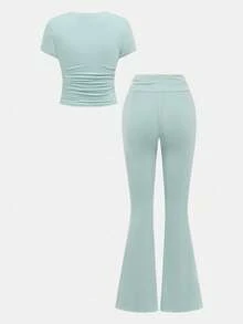 SHEIN Girlism Tween Girl Casual Fitted Light Blue Ruched Crew Neck Top And Ruched Flare Pants Set - Mint Green - View 2