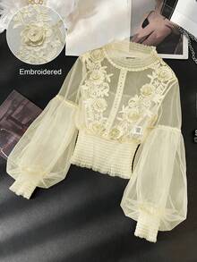 Modelyn 小眾設計浪漫優雅 3D 花卉拼接透視網紗燈籠袖修身短版上衣 女款 淡黃色 夏季 婚禮 日常聚會 約會 - 黃色 - 查看 5