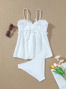 Swim Mod Bộ bikini hai mảnh dành cho nữ, chất liệu vải trắng có họa tiết, thiết kế thắt nút và xếp nếp, mẫu bikini hai mảnh mới mùa hè 2026, thích hợp cho hẹn hò, nghỉ mát ở bãi biển. - trắng - Xem 5