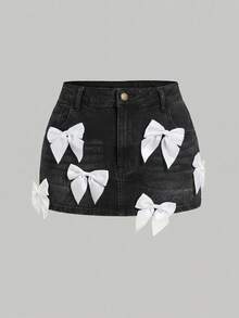 SHEIN MOD 大码牛仔裙，带蝴蝶结装饰 - 灰色 - 查看 1