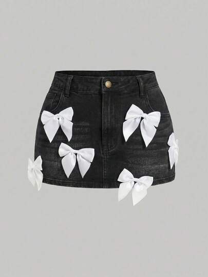 SHEIN MOD تنورة جينز مقاس كبير مزينة بفيونكة
