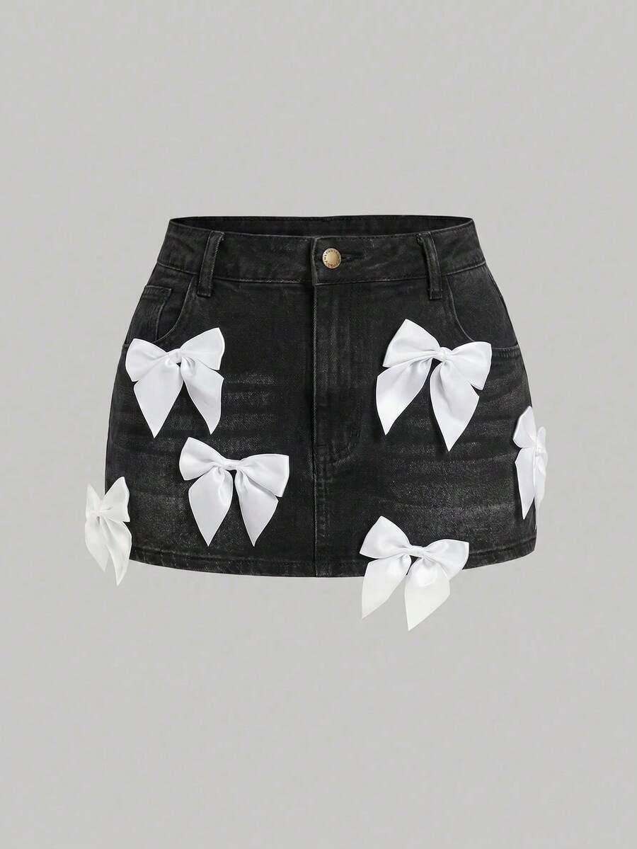 SHEIN MOD 大码牛仔裙,带蝴蝶结装饰 - 灰色 - 查看 1