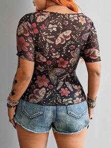 Whyspr Plus Size Punk Floral Print Sheer Blouse, Spring/Summer - Multicolor - View 2