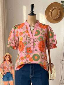 Rusticease Plus Size Women's Pink Floral V-Neck Ruched Summer Boho Vacation Holiday Blouse,Loose Fit Vintage Country Short Sleeve Daily Wear Tops - Coral Pink - View 1