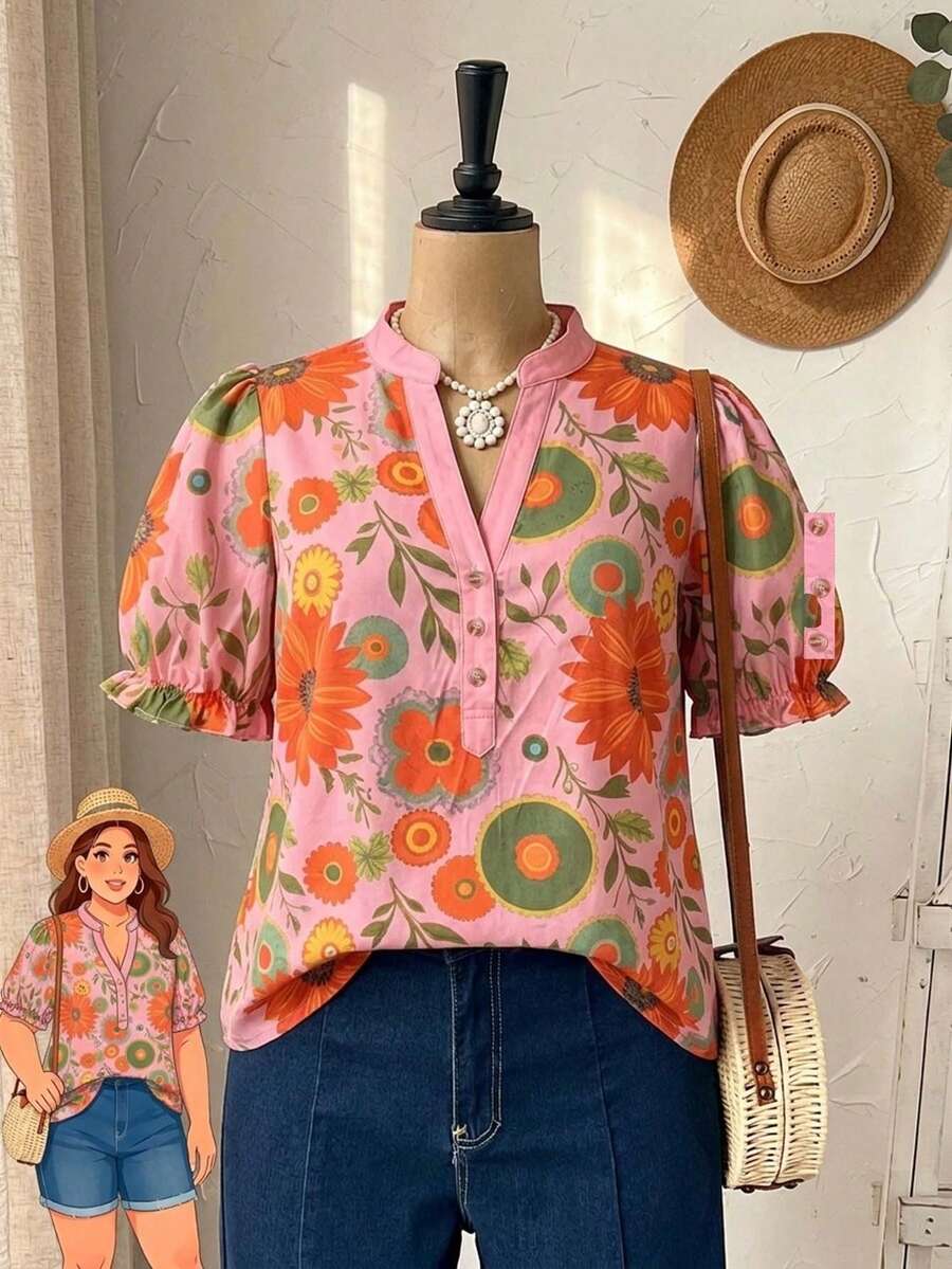 Rusticease Plus Size Women's Pink Floral V-Neck Ruched Summer Boho Vacation Holiday Blouse,Loose Fit Vintage Country Short Sleeve Daily Wear Tops - Coral Pink - View 1