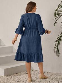 Miaspire Plus Size Women V-Neck Drawstring Waist Ruffle Hem Elegant Dress - Navy Blue - View 3