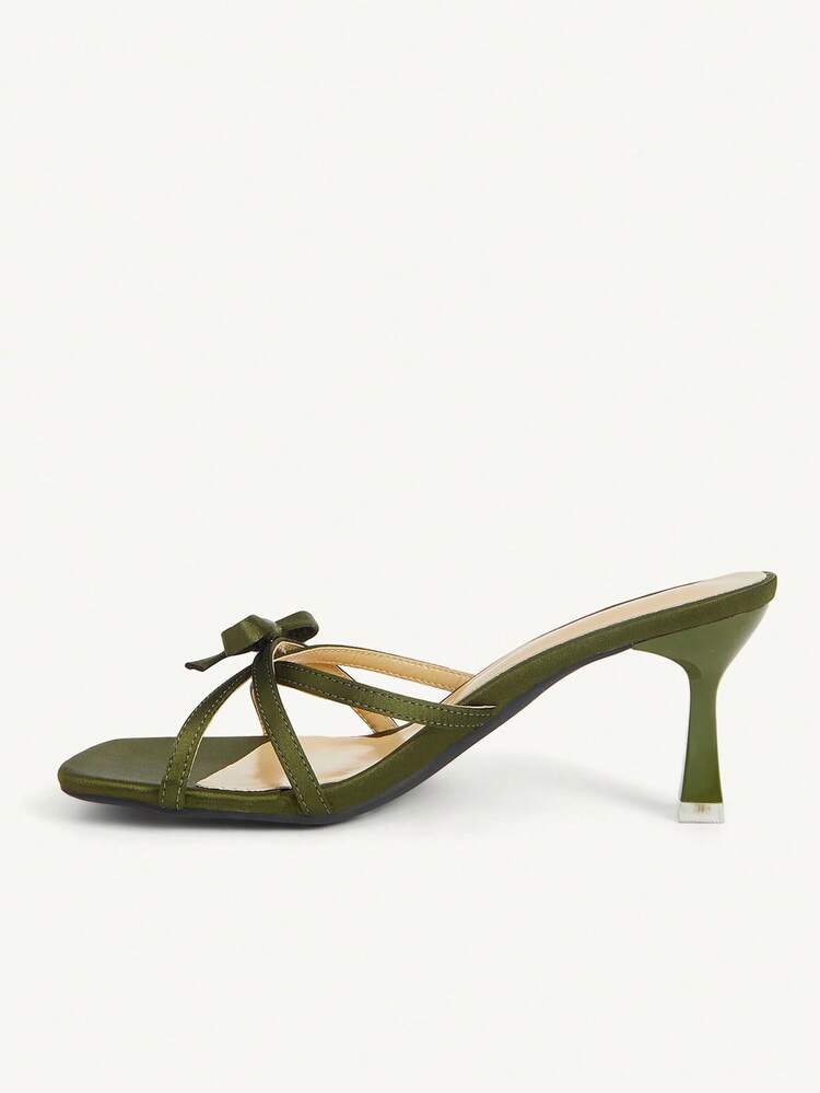 CUCCOO CHICEST Army Green Satin Bow High Heel Square Toe Thin Strap Thin Heel Outer Wear Temperament Banquet Sandals