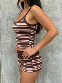 SHEIN EZwear 夏季撞色滚边吊带背心和短裤套装 - 粉色 - 查看 5