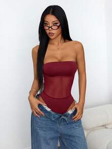 SHEIN PETITE Áo liền thân nữ màu trơn phối lưới, gợi cảm, không tay, ôm sát cơ thể. - Màu Đỏ Sâu - Xem 6