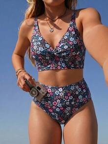 Swim Mod Plus Size 2 Pieces Swimwear Set, Navy Blue, Summer, Boho, Beach, Holiday, Ditsy Floral, Criss-Cross Front, Adjustable Straps, High-Waisted Bottoms, Pool Wear - Multicolor - View 5