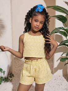 Bộ áo hai dây và quần short thiết kế hở lưng họa tiết jacquard dành cho bé gái tuổi teen. - Màu vàng - Xem 3