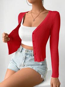 EMERY ROSE Women's Fitted Solid Color Round Neck Long Sleeve Button-Front Ribbed Knit Cardigan - Red - View 3