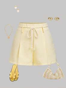 EMERY ROSE Women's Casual Linen Waist Rope Decor Discounted Detail Relaxed Vacation Spring/Summer Basic Shorts - Light Yellow - View 5