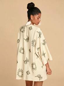 Travachic Kimono nữ kiểu dáng thường ngày, thêu họa tiết lá, thích hợp cho kỳ nghỉ. - Màu Khaki - Xem 2