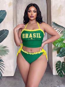 Slaydiva Plus Size Women's Patchwork Ruched Halter Tankini Top And Triangle Bottoms Swimwear Set, Suitable For Summer Vacation And Beach - Green - View 1