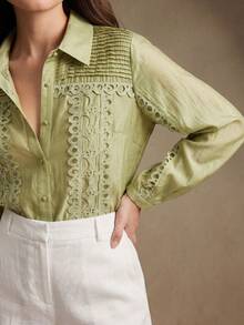 Anewsta Blusa de alta calidad con pliegues, patchwork y bordados de estilo francés elegante, diseño de nicho con mangas farol y cuello vuelto, versátil para el trabajo y las vacaciones - Verde - Ver 1