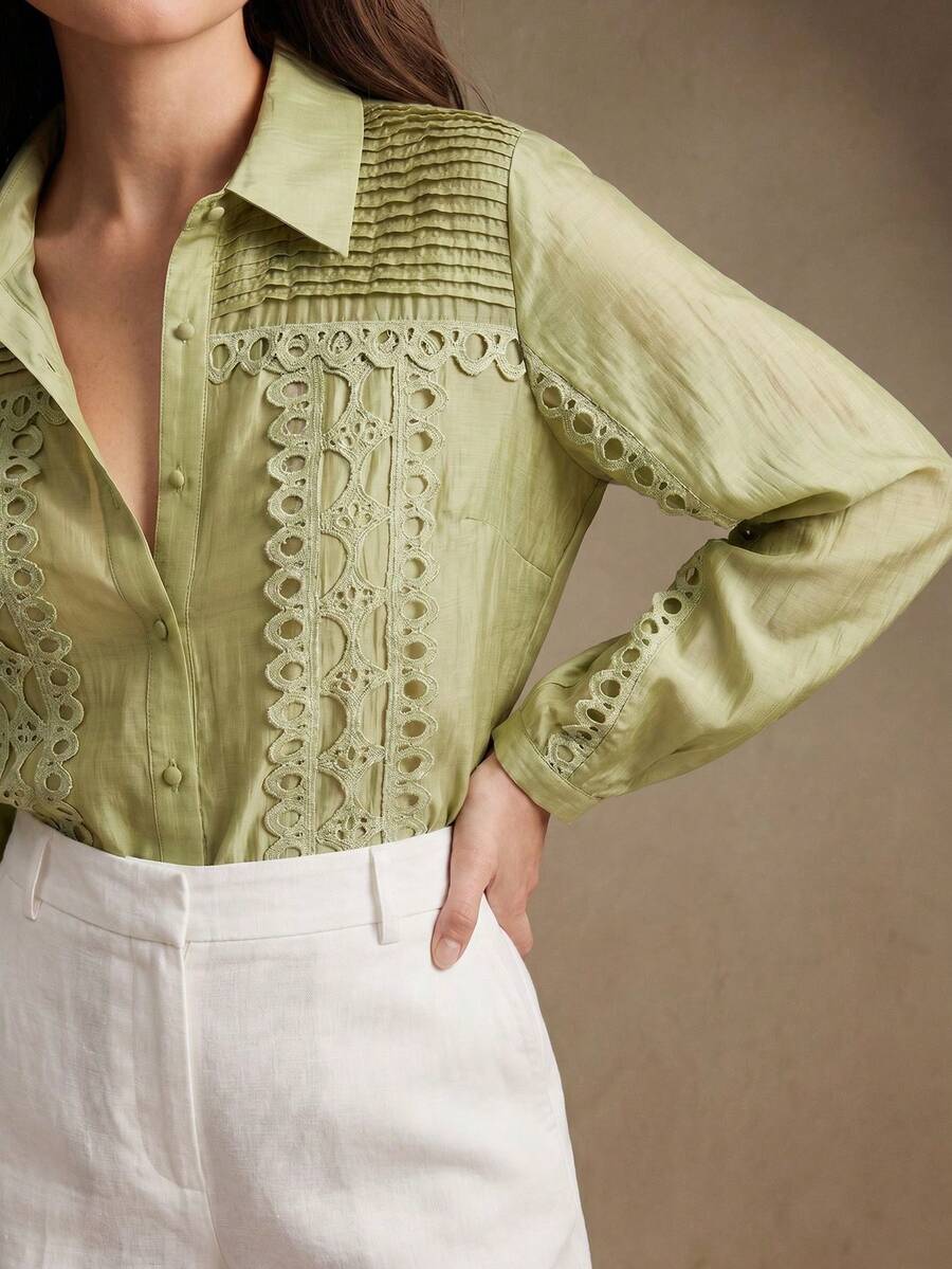 Anewsta Blusa de alta calidad con pliegues, patchwork y bordados de estilo francés elegante, diseño de nicho con mangas farol y cuello vuelto, versátil para el trabajo y las vacaciones - Verde - Ver 1