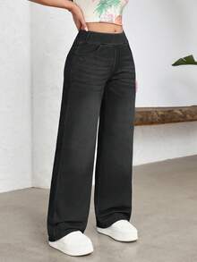 Pantalones vaqueros de pierna ancha, estilo casual deportivo, con elástico para mujer - Gris Oscuro - Ver 5