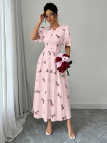 Modelyn A字型收腰印花短袖连衣裙，春夏款 - 粉色 - 查看 5