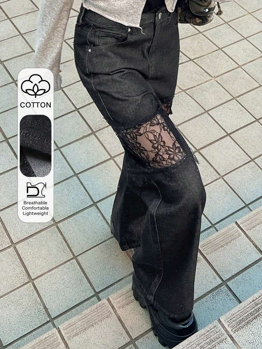 Dazy Tall 女士破洞蕾丝拼接宽松直筒休闲街头风牛仔裤 - 深灰色 - 查看 1