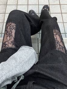 Dazy Tall 女士破洞蕾丝拼接宽松直筒休闲街头风牛仔裤 - 深灰色 - 查看 2