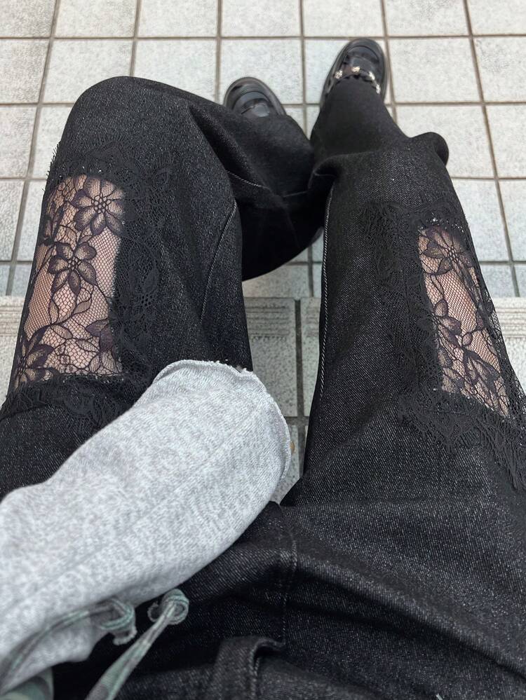 Women's Ripped Lace Patchwork Loose Straight Leg Casual Street Style Jeans