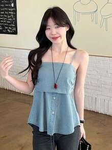 DAZY Camiseta de tirantes con cintura ceñida para mujer, blusa vaquera casual - Azul lavado medio - Ver 3