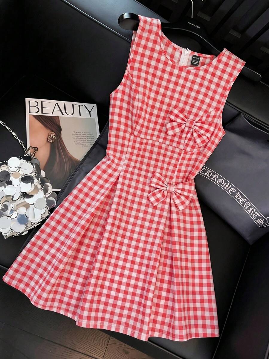 Franclia Vestido con corbata de moño a cuadros rojos y blancos, elegante y dulce para mujeres - Multicolor - Ver 1