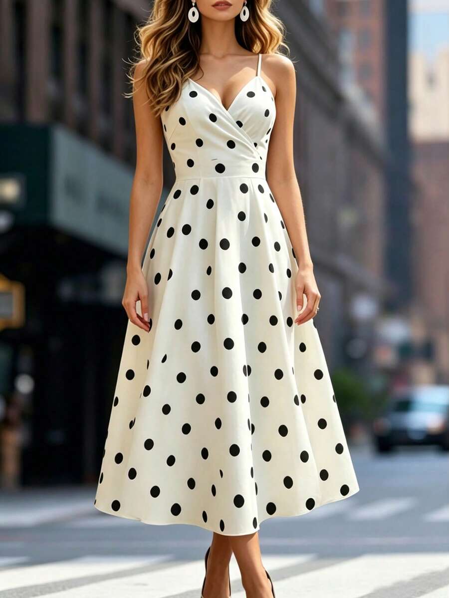 Balvessa Vestido de tirantes con lunares en blanco y negro para mujer - Blanco - Ver 1