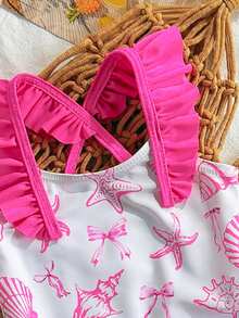 SHEIN Bộ đồ bơi liền thân in hình vỏ sò cho trẻ sơ sinh, viền bèo nhún, kiểu dáng ôm vừa vặn thoải mái, thích hợp cho kỳ nghỉ. - Nhiều màu - Xem 3