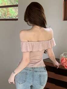 Joudiya 女款優雅灰粉色夏季茶會露肩荷葉邊3D花卉裝飾修身短袖上衣，適合音樂節、婚禮派對 - 粉色 - 查看 5