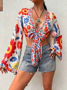 Swim Vcay Áo croptop nữ mùa hè đi biển họa tiết hoa cổ chữ V buộc dây, tay áo loe rộng với viền bèo nhún, kiểu kimono. - Nhiều màu - Xem 5