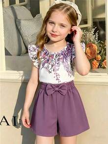 SHEIN Elladie kids Young Girl Floral Print T-Shirt + Solid Color Bow Decor Shorts Set - Purple - View 8