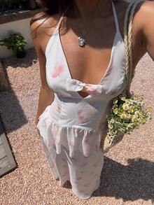 Livesso Conjunto de 2 piezas de top de cuello halter y falda con estampado floral elegante para mujer, verano - Blanco - Ver 5
