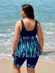 Swim Lushoire Bộ đồ bơi tankini nữ 2 mảnh size lớn 2026 mới, tankini hở lưng kèm chân váy, phối màu đen trơn và in kỹ thuật số, phù hợp đi biển, tiệc, du lịch - Màu xanh hải quân - Xem 2