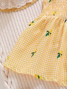 SHEIN Elladie kids 两件套女童休闲通勤甜美柠檬格纹印花无袖上衣搭配刺绣牛仔短裤，亮丽配色，适合春夏穿着 - 黃色 - 查看 7