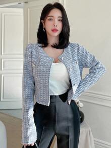 DAZY Plaid Pattern Short Round Neckline Open Front Long Sleeves Jacket - Blue - View 3