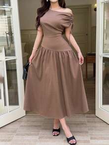 Feyla Women's Solid Color Ruched Asymmetric Waist Elegant Elegant Midi Dress For Party Garden Party Coffee Brown Summer - Coffee Brown - View 2