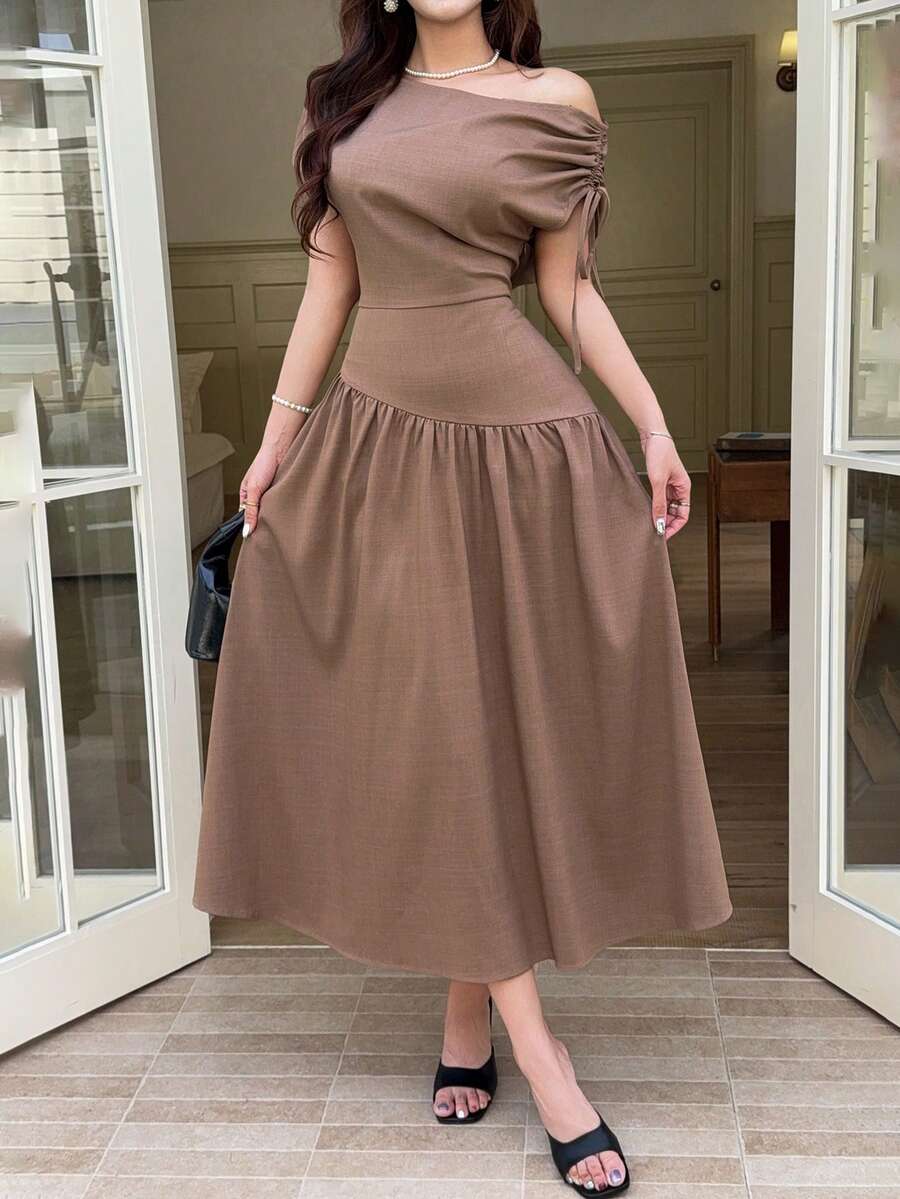 Feyla Women's Solid Color Ruched Asymmetric Waist Elegant Elegant Midi Dress For Party Garden Party Coffee Brown Summer