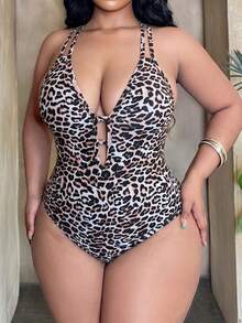 Slaydiva Plus Size Women One-Piece Swimsuit, Sexy Leopard Print Design For Summer Holiday - Brown - View 5