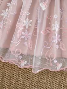 SHEIN 女婴可爱刺绣网纱花瓣袖圆领公主裙，夏季 - 粉色 - 查看 7