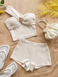 SHEIN Setelan 2 potong untuk anak perempuan usia 2-12 tahun, atasan crop top dan celana pendek bertekstur asimetris dengan detail garis-garis, warna putih gading, cocok untuk musim panas, lucu, liburan, pakaian kasual sehari-hari untuk ke pantai. - Putih - View 6