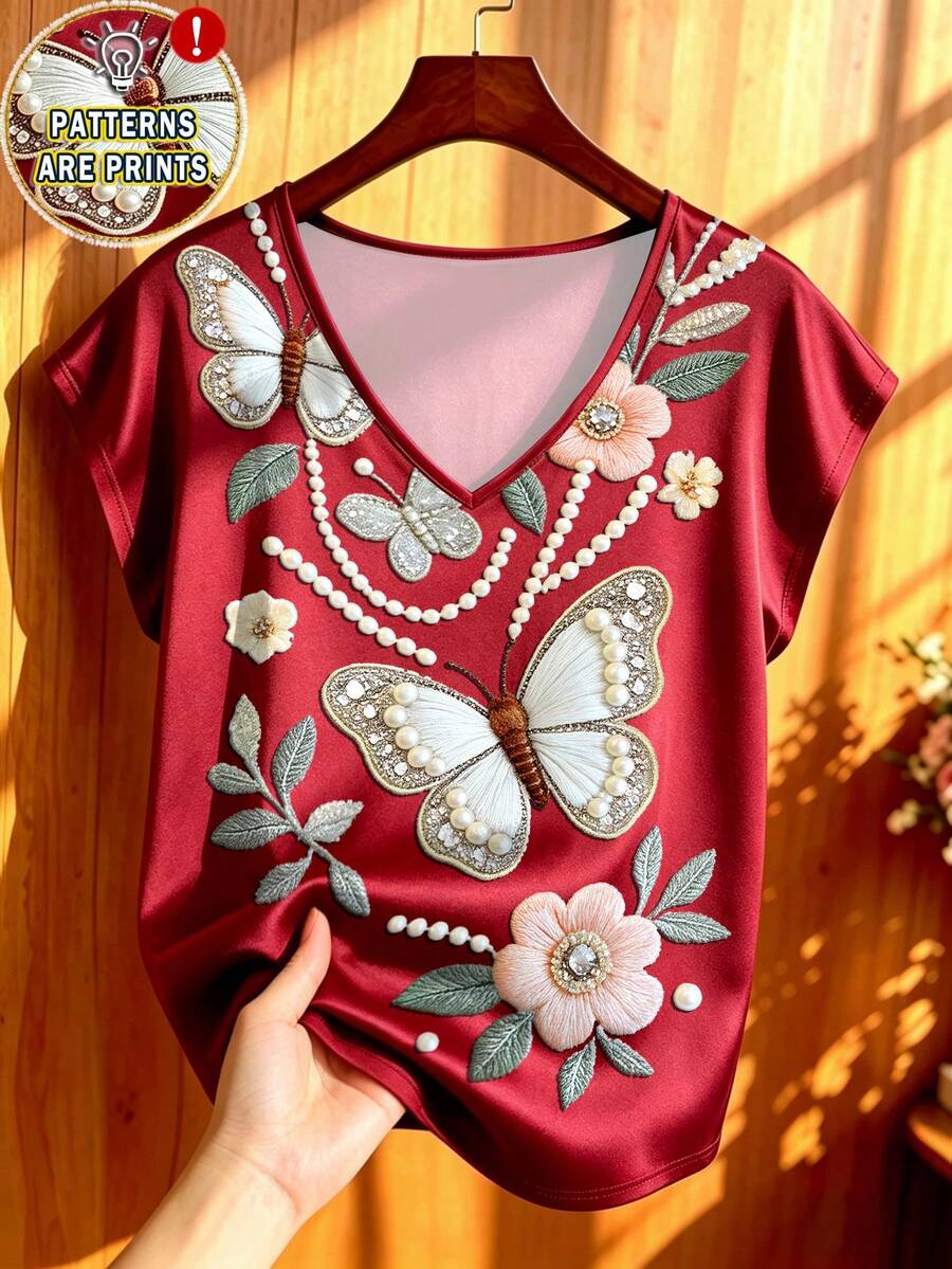 Lacomfia 珍珠鏈花卉蝴蝶仿刺繡圖案女款酒紅色上衣，女款時尚V領短袖T恤，花卉圖案酒紅色服飾，夏季復古優雅女裝，度假風服飾 - 彩色 - 查看 1