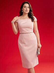 MOTF PREMIUM WOMEN'S PLUS ELEGANT FOLD PLEATED WAIST FITTED DRESS, SPRING/SUMMER - Pink - View 8